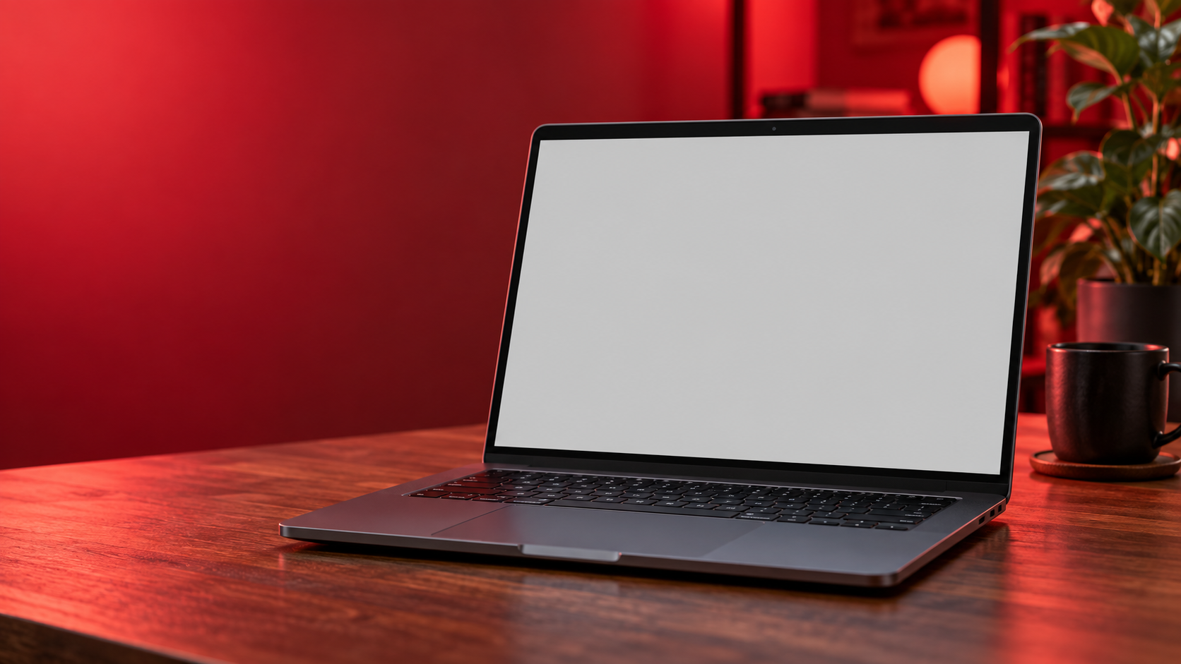A laptop on a red-lit desk